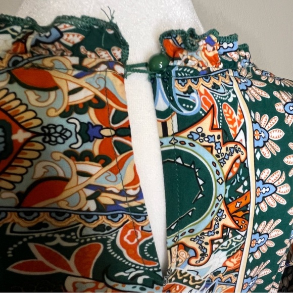 Kirundo Boho Floral Green and Orange Ruffle Sleeve Flowy Mini Dress Size Medium - Picture 9 of 16